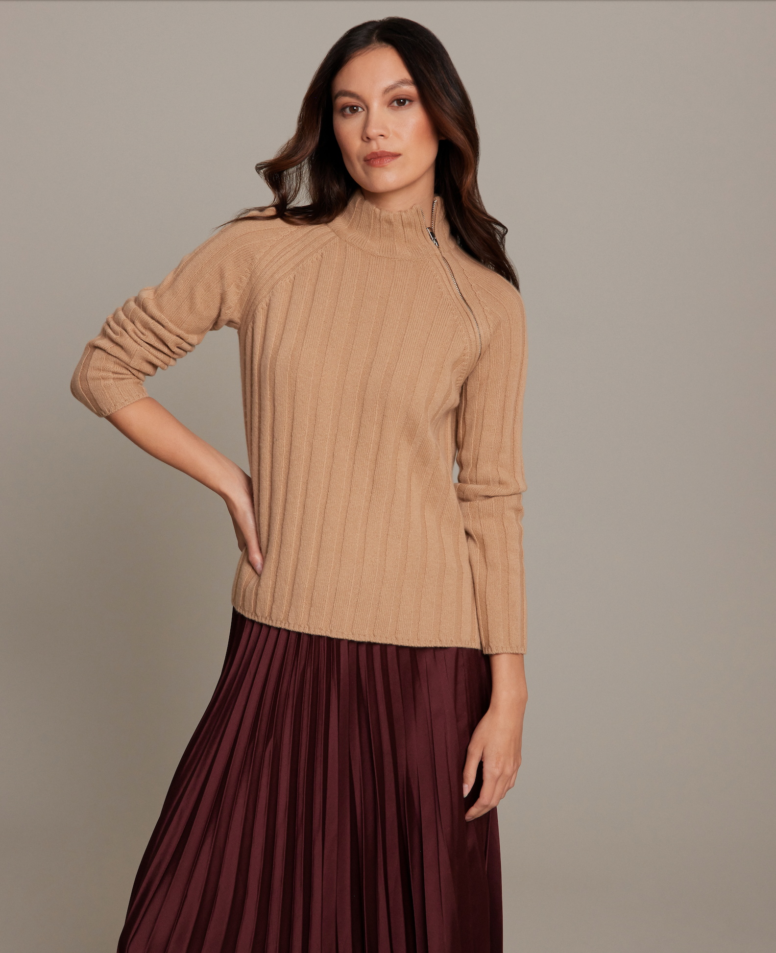 Merino Talia Rib Zip Raglan Turtleneck